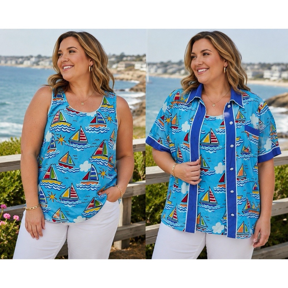 Bob Mackie 2 Pc 100% Silk Tank & Button Shirt 1X- Sailboats- Vacation-Resort-Art